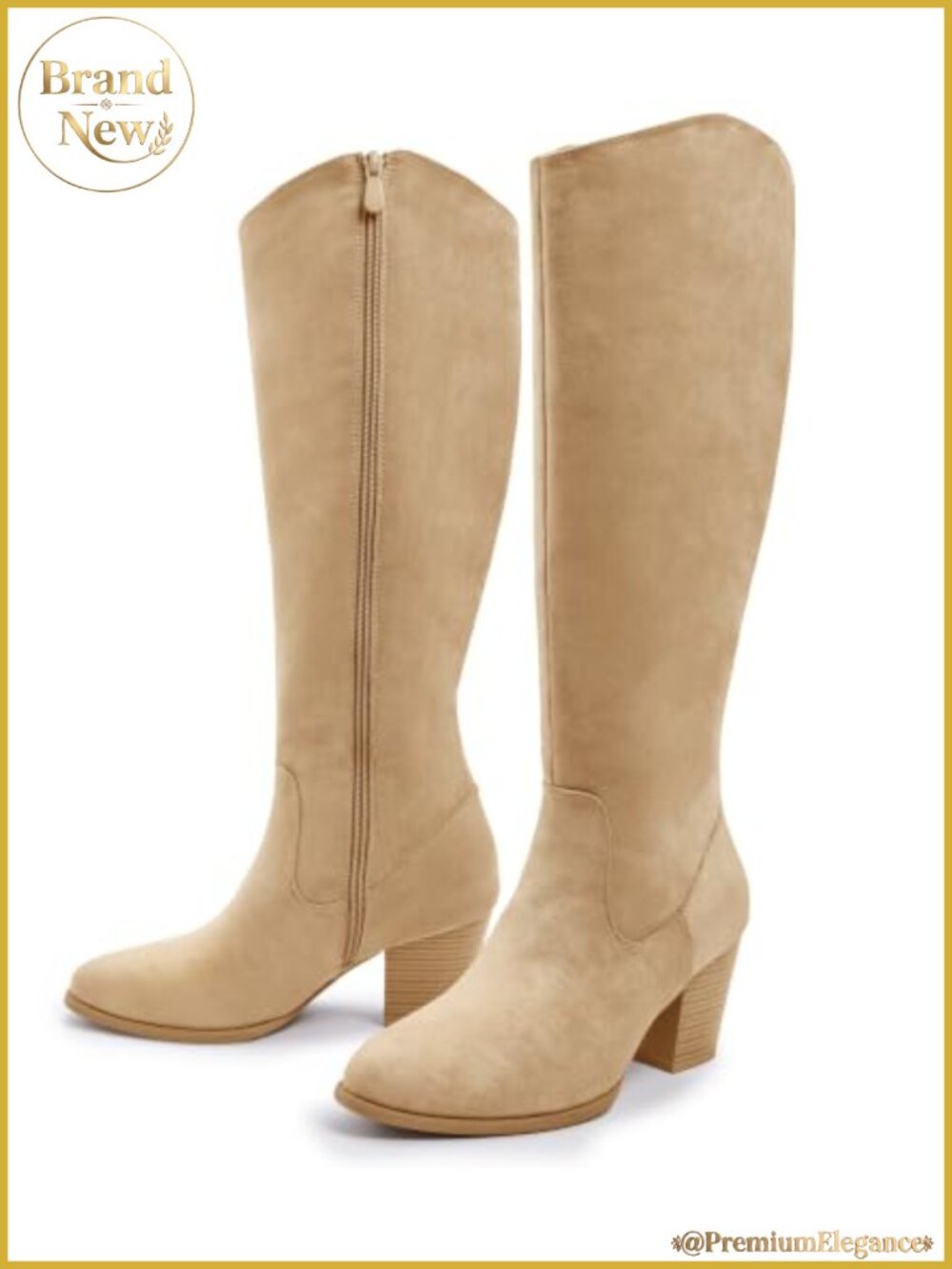 Pointed Toe Knee High Boots 2.75in Chunky Heel Side Zipper Faux Suede